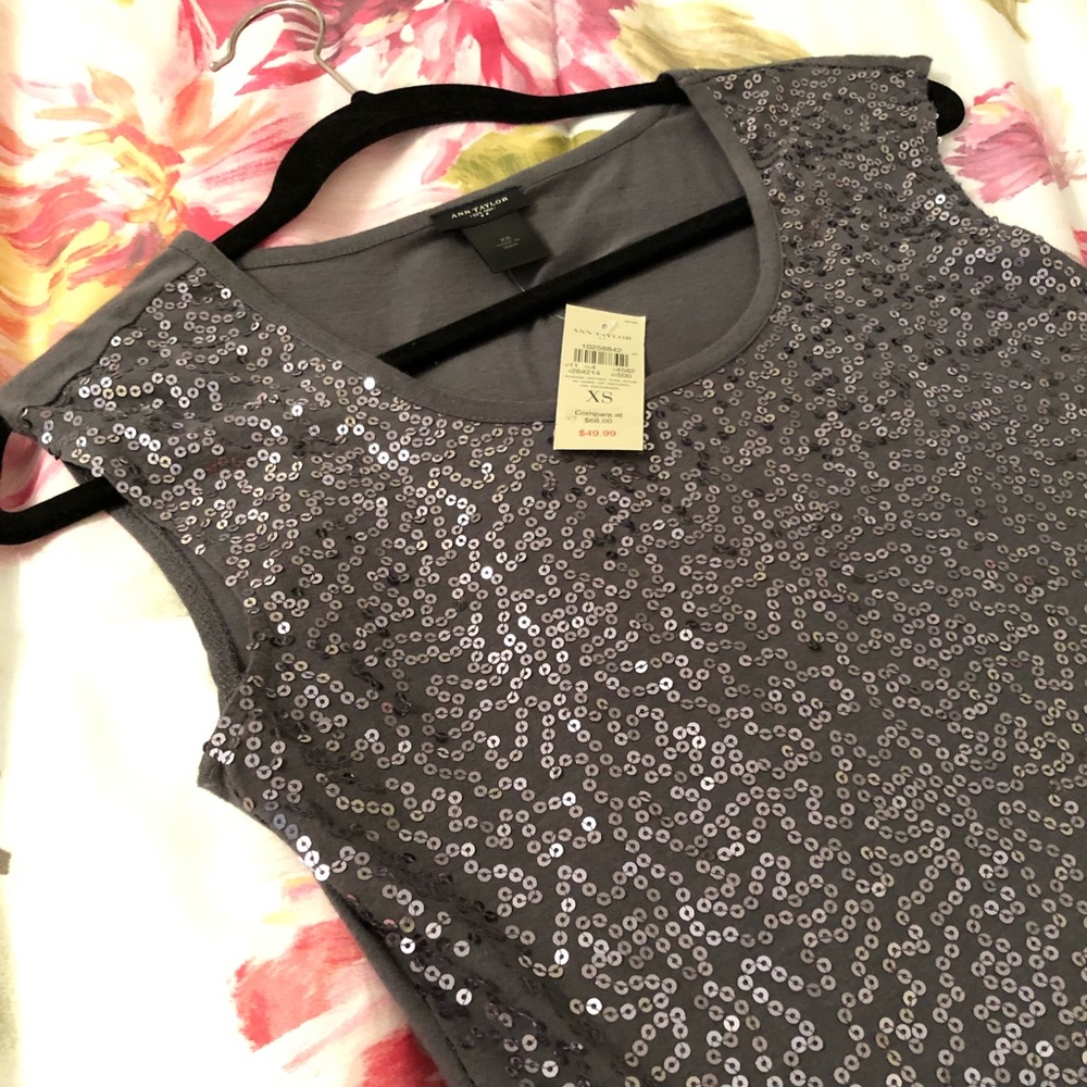 Ann Taylor Silver Sequin Short Sleeve Shirt